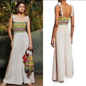 All Things Mochi Linen Embroidered Wide-Leg Split Hem Elena Jumpsuit XS